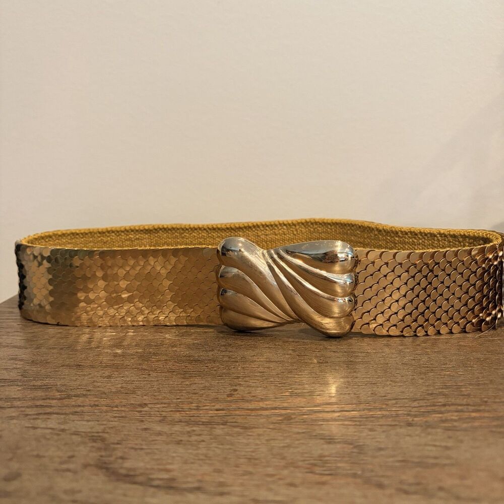 VTG 27” Accessocraft Gold Fish Scale Wide Cinch 3D Shell Big Buckle Stretch Belt